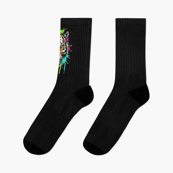 Item preview, "Split-face design of a human skull and a tiger’s face, blended in a streetwear graffiti style with bold neon splashes — black background" designed and sold by Inspiretouplift.