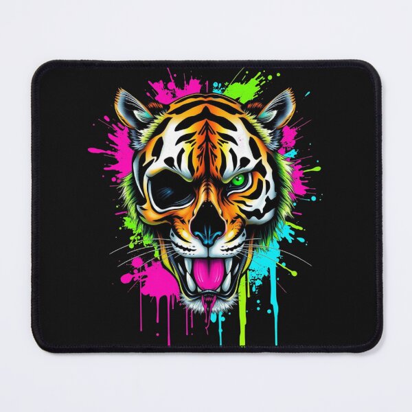 Artikelvorschau, „Split-Face-Design aus einem menschlichen Schädel und einem Tigergesicht, vermischt im Streetwear-Graffiti-Stil mit kräftigen Neonspritzern – schwarzer Hintergrund“ entworfen und verkauft von Inspiretouplift.