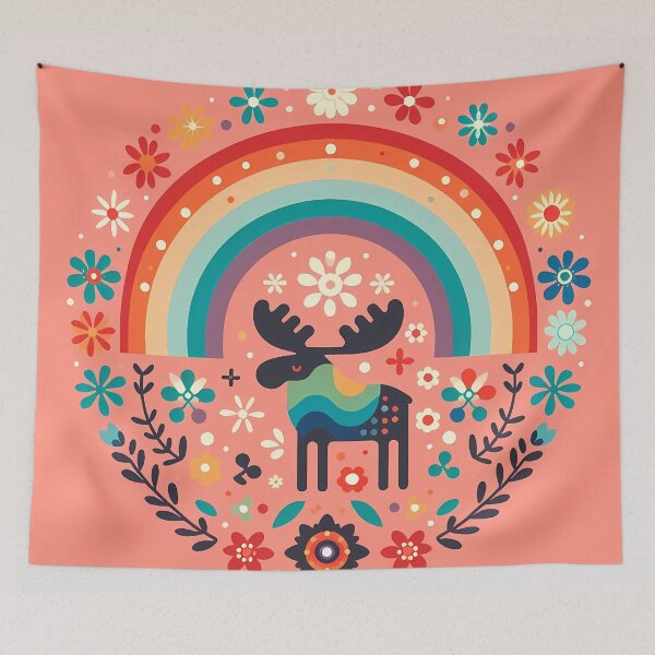Item preview, Scandinavian Folk Art Moose – Rainbow Silhouette in a Floral Wreath by heidiannemorris designed and sold by FOLK ART FUSION by heidiannemorris.