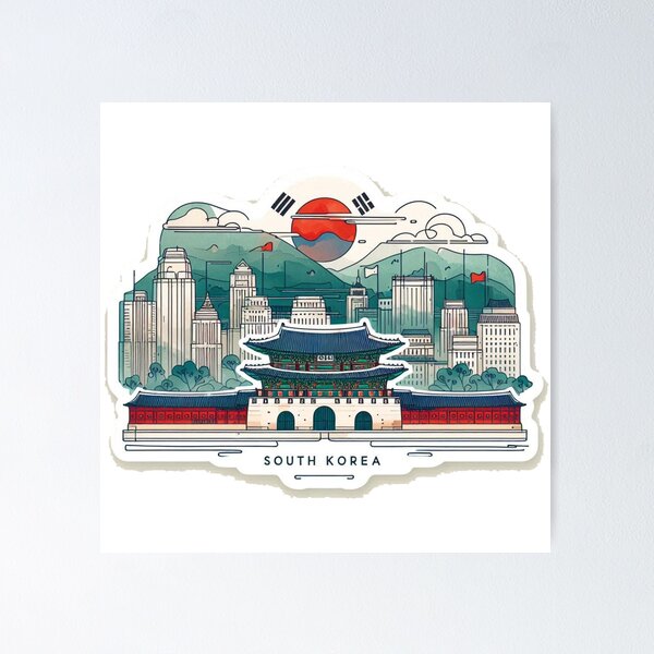 Item preview, Title: Minimalist South Korea Royal Palace Sticker – Watercolor Cityscape Line Art,  designed and sold by PaintMeWorld.