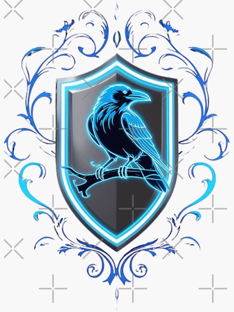 Thumbnail 3 of 3, Sticker, Neon Raven Crest – Glowing Blue Shield Ravencrest Claw Emblem | Modern Fantasy House Sticker designed and sold by takeprofittone.
