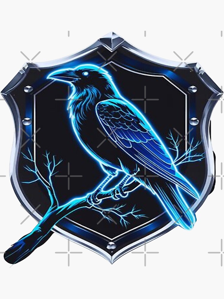 Thumbnail 3 of 3, Sticker, Neon Ravencrest Sigil – Glowing Blue Magic Crest | Futuristic Raven Crest Claw Fantasy Sticker designed and sold by takeprofittone.