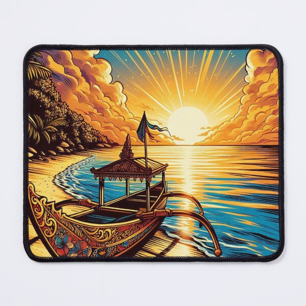 Item preview, AI-Infused Bali Sunset with Comic-Style Boat – Perfect Design for Beach Lovers and Nature Enthusiasts designed and sold by knalpot-design.