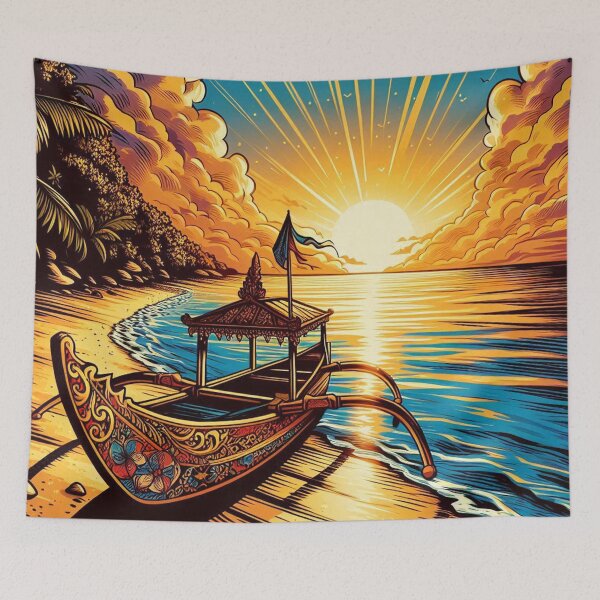 Item preview, AI-Infused Bali Sunset with Comic-Style Boat – Perfect Design for Beach Lovers and Nature Enthusiasts designed and sold by knalpot-design.