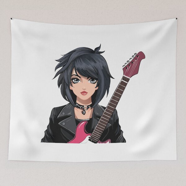 Item preview, Emo girl with black hair, dark makeup and electric guitar designed and sold by Danler.