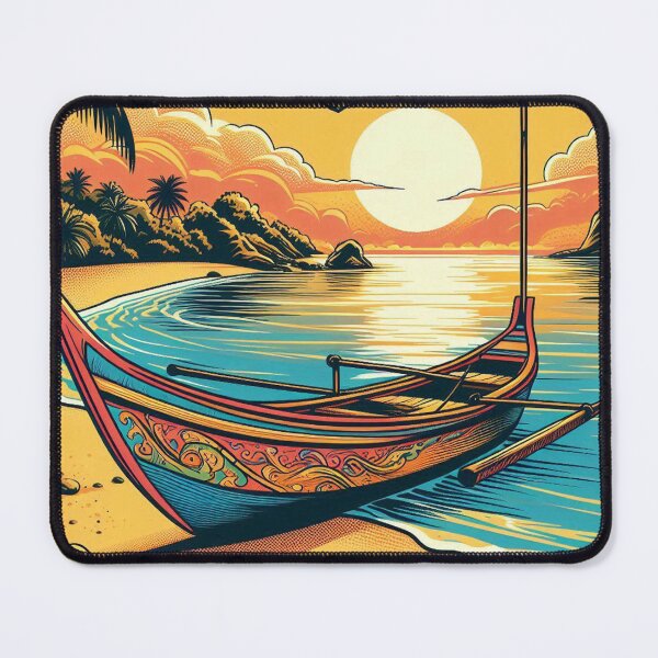 Item preview, AI-Designed Sunset with Comic-Style Boat in West Java – Perfect for Beach Lovers and Nature Enthusiasts designed and sold by knalpot-design.