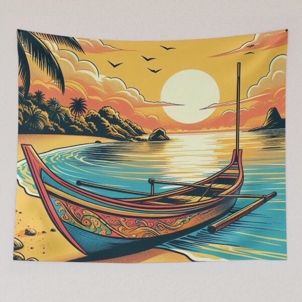 Item preview, AI-Designed Sunset with Comic-Style Boat in West Java – Perfect for Beach Lovers and Nature Enthusiasts designed and sold by knalpot-design.