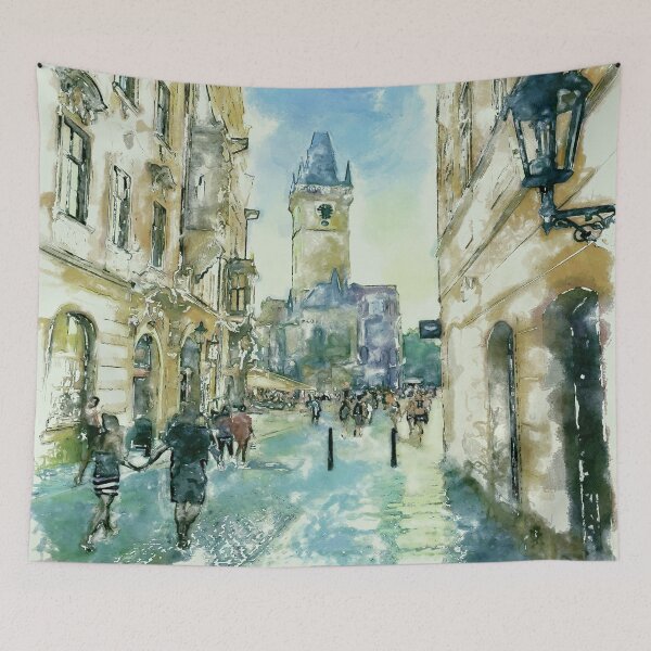 Item preview, Old Town City Hall Prague – Watercolor European Streetscape designed and sold by caracatita75.