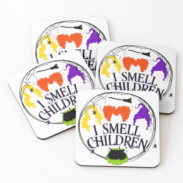 Item preview, I SMELL CHILDREN with three witches, cobwebs, spiders, broom, and bubbling potion designed and sold by ELAINE THOMAS DESIGNS - Magically Trendy™.