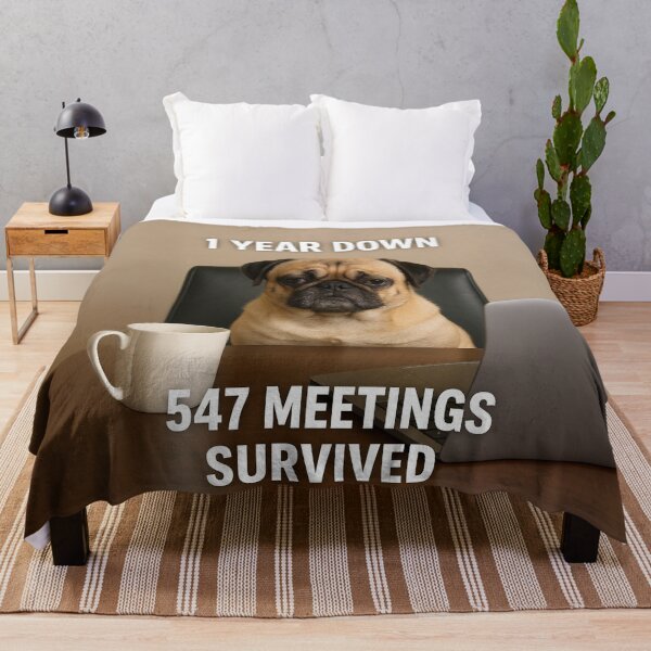 Item preview, 1 Year Down, 547 Meetings Survived – Grumpy Office Pug Meme designed and sold by KateVil.