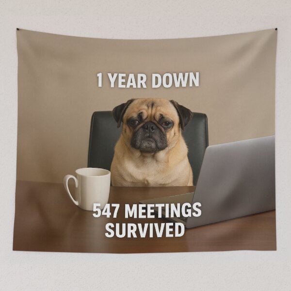 Item preview, 1 Year Down, 547 Meetings Survived – Grumpy Office Pug Meme designed and sold by KateVil.