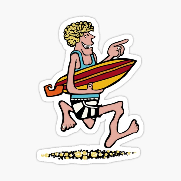 Aperçu de l'œuvre Woody le surfeur - À vos marques ! Courir vers les vagues avec une planche de surf vintage, dessin animé vintage créée et vendue par Kludoman.