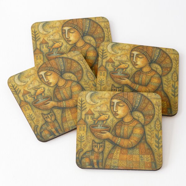 Item preview, Woman with goldfish. Naive art designed and sold by BoBiloArt.