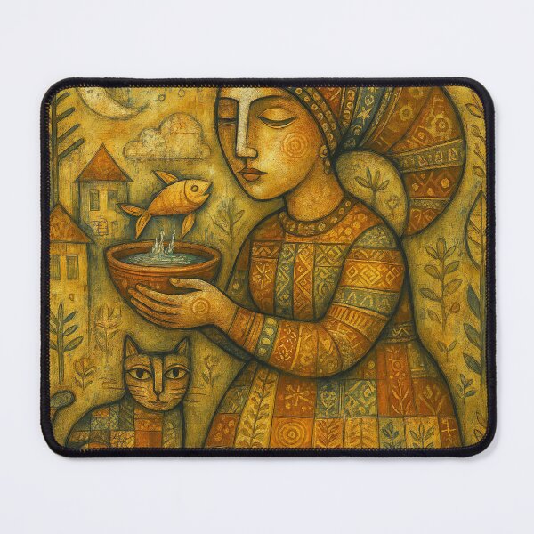 Item preview, Woman with goldfish. Naive art designed and sold by BoBiloArt.