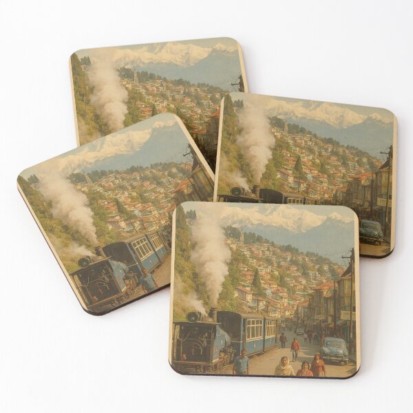 Item preview, Darjeeling India – Street Scene with Steam Train and Himalayan Peaks designed and sold by Aryabek.