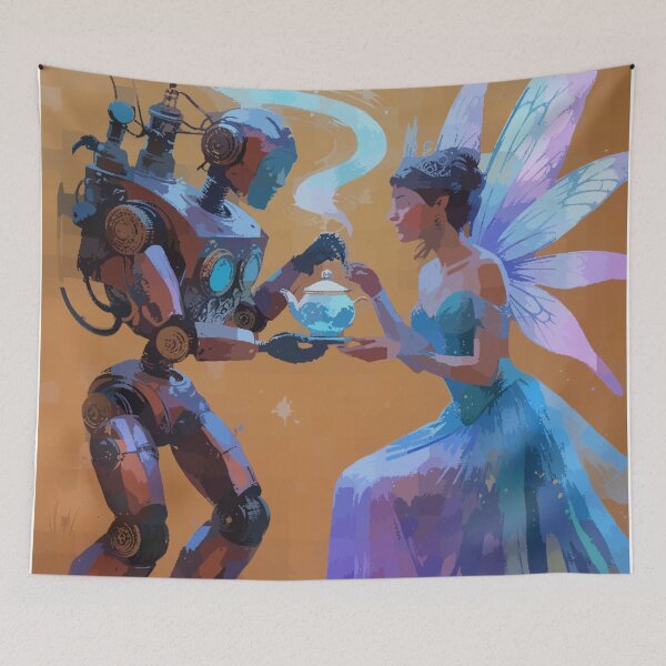 Item preview,  Robot & Fairy Tea Ceremony – Fantasy Art Print | Dreamy Steampunk Illustration | Whimsical Fairytale Poster | Enchanted Wall Decor designed and sold by LuxuryApparels.