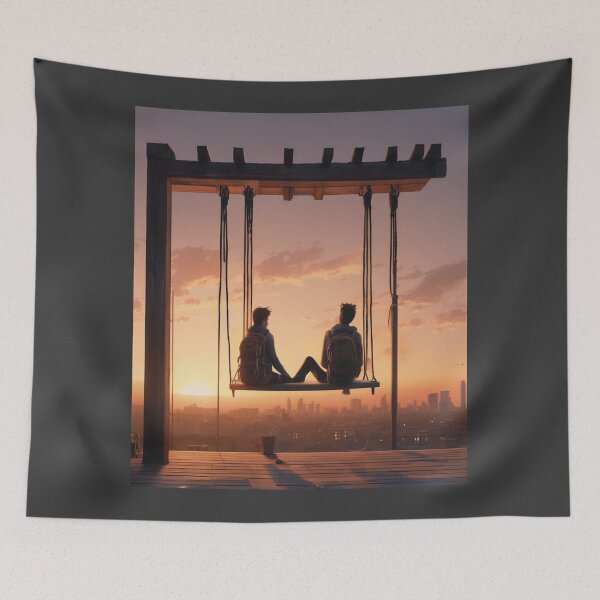 Item preview, "Sunset Serenity: Travelers on the Urban Hostel Rooftop" designed and sold by Artisticanvas.