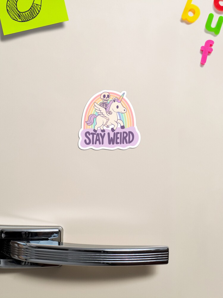 Thumbnail 1 von 3, Magnet, Stay Weird – Ein Skelett reitet auf einem Einhorn ins Surreale designt und verkauft von jess1586.
