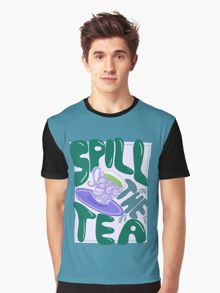 Thumbnail 1 of 5, Graphic T-Shirt, Spill the tea - retro hand lettering - green and purple designed and sold by cynhaller.