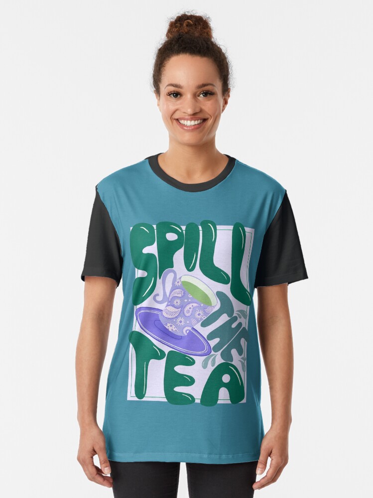 Thumbnail 2 of 5, Graphic T-Shirt, Spill the tea - retro hand lettering - green and purple designed and sold by cynhaller.