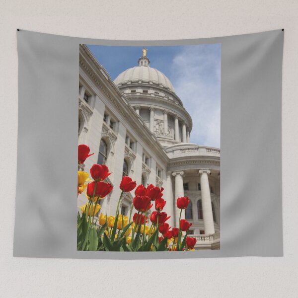 Item preview, Spring Glory – Red and Yellow Tulips and Wisconsin State Capitol Close up Wall Art designed and sold by Maryna Gumenyuk.