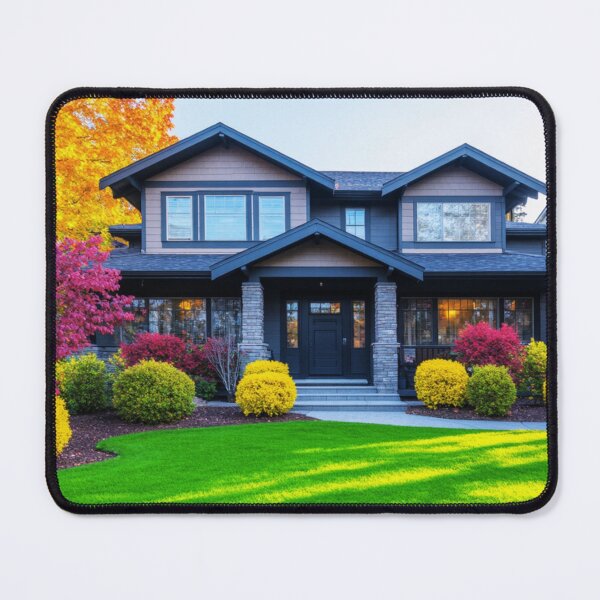 Item preview, The front yard is landscape with colorful shrubs contrasting with the bright green lawn. designed and sold by PattaZone.