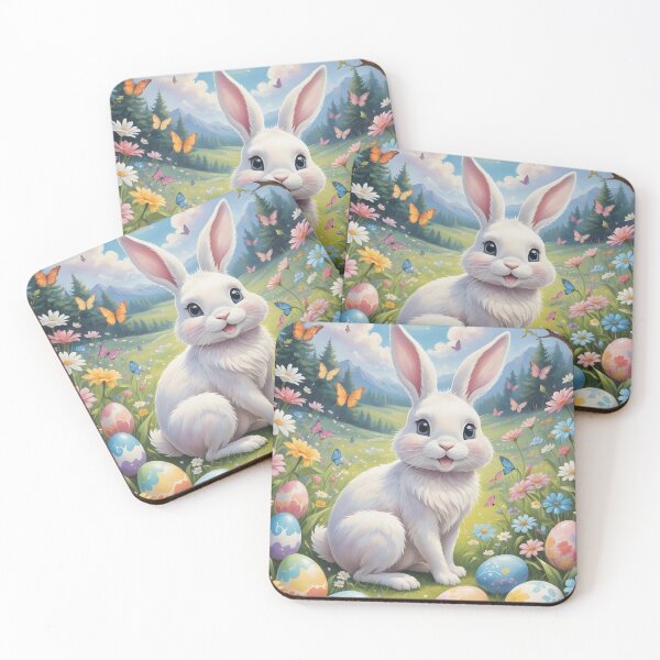 Item preview, Smiling White Rabbits with Colorful Easter Eggs In a Fresh Garden designed and sold by DreamagineArtDesign.
