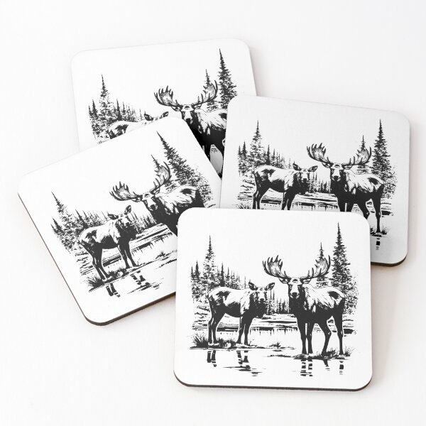 Item preview, Moose Couple Bull Elk Antler Lake Wildlife Forest Scene designed and sold by inkoutninja.