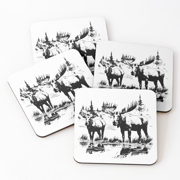 Item preview, Moose Couple Bull Elk Antler Lake Wildlife Forest Scene designed and sold by inkoutninja.