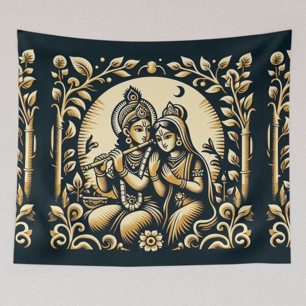 Item preview, Krishna and Parvati in garden. woodcut style art designed and sold by ZOXOFO.