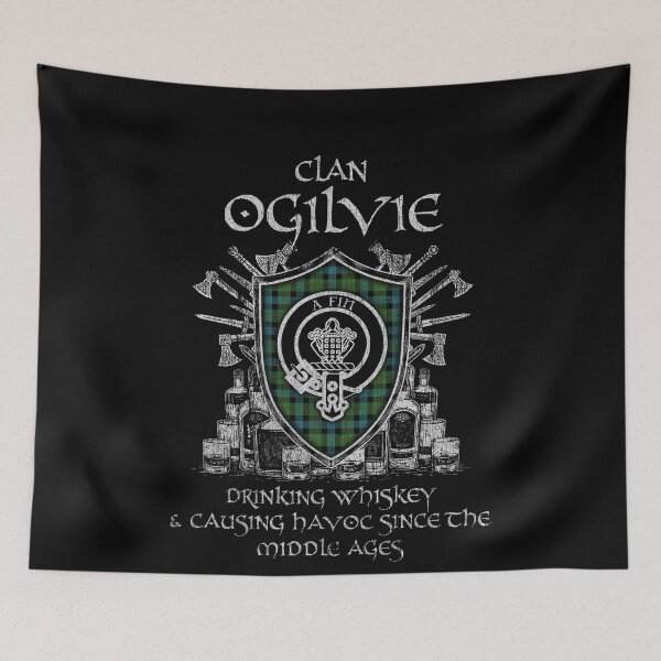 Item preview, Clan Ogilvie of Inverarity drinking whiskey and causing havoc heritage crest tartan plaid designed and sold by Clan1093.