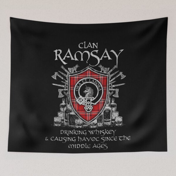 Item preview, Clan Ramsay Angus & Mearns drinking whiskey and causing havoc heritage crest tartan plaid designed and sold by Clan1093.