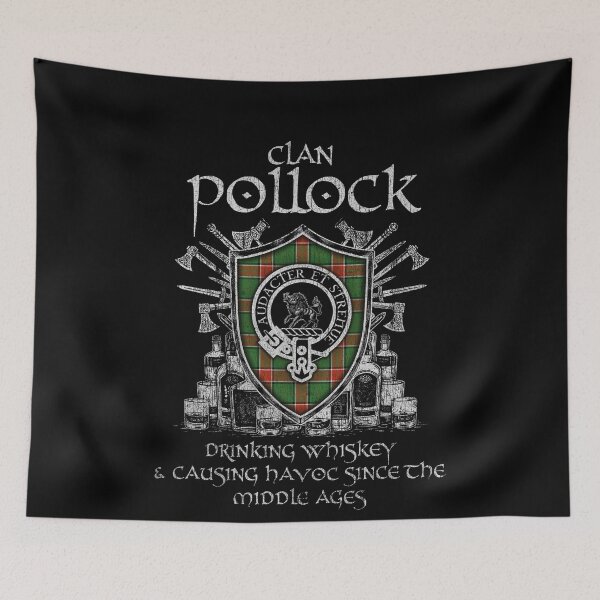 Item preview, Clan Pollock drinking whiskey and causing havoc heritage crest tartan plaid designed and sold by Clan1093.
