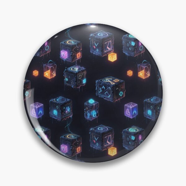 Artikelvorschau, Mystische schwebende Würfel mit leuchtenden Symbolen in einer futuristischen dunklen Umgebung entworfen und verkauft von CoolPixels.