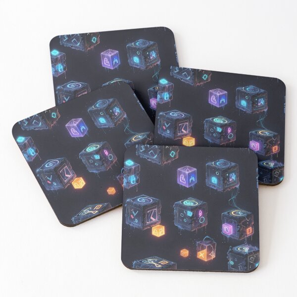 Item preview, Mystical Floating Cubes With Glowing Symbols in a Futuristic Dark Setting designed and sold by CoolPixels.