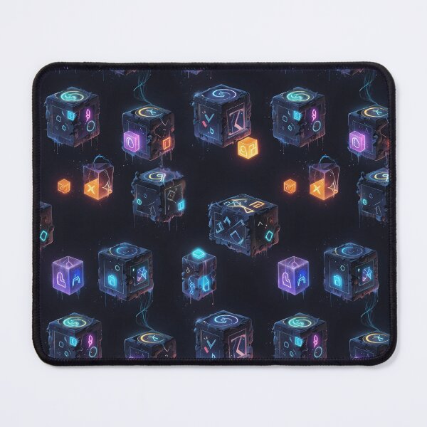 Item preview, Mystical Floating Cubes With Glowing Symbols in a Futuristic Dark Setting designed and sold by CoolPixels.