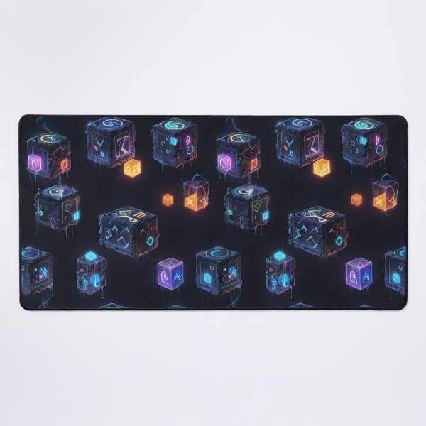 Item preview, Mystical Floating Cubes With Glowing Symbols in a Futuristic Dark Setting designed and sold by CoolPixels.