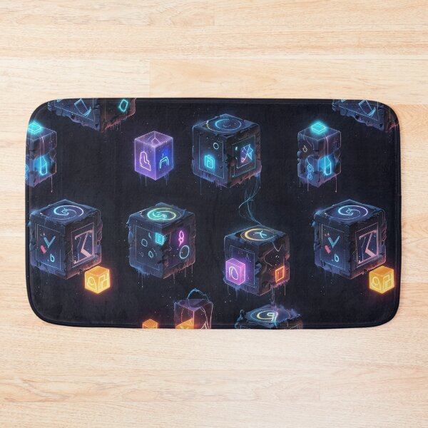 Item preview, Mystical Floating Cubes With Glowing Symbols in a Futuristic Dark Setting designed and sold by CoolPixels.