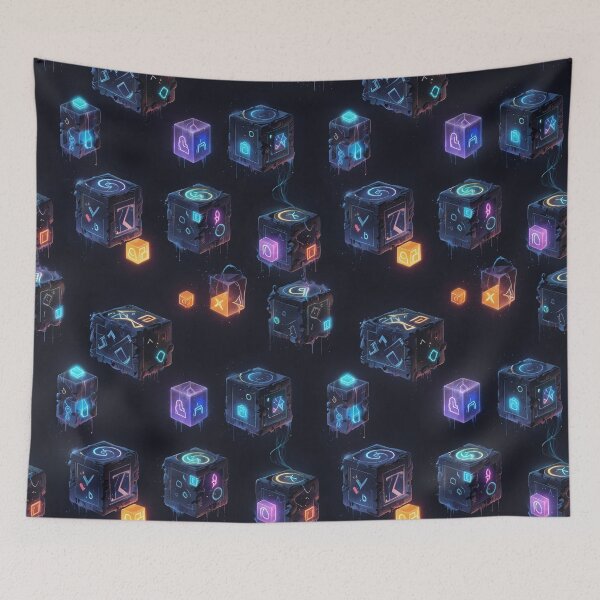 Item preview, Mystical Floating Cubes With Glowing Symbols in a Futuristic Dark Setting designed and sold by CoolPixels.