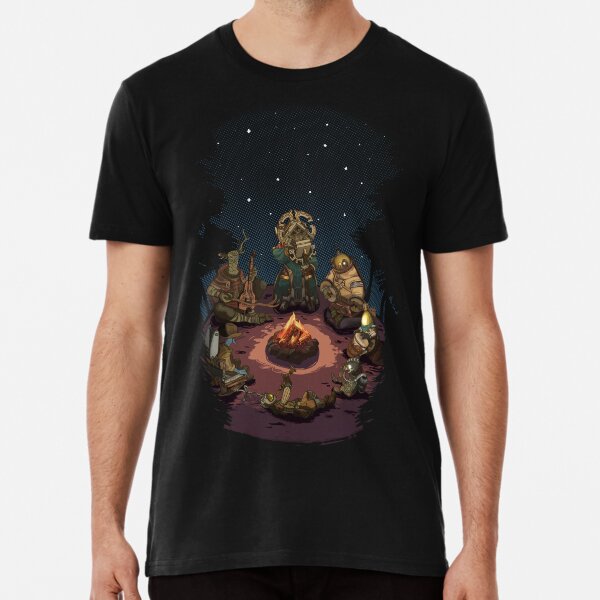 Aperçu de l'œuvre Scène de feu de camp d'Outer Wilds avec tous les personnages assis ensemble pour les fans de jeux indépendants créée et vendue par · Astronäutica ·.