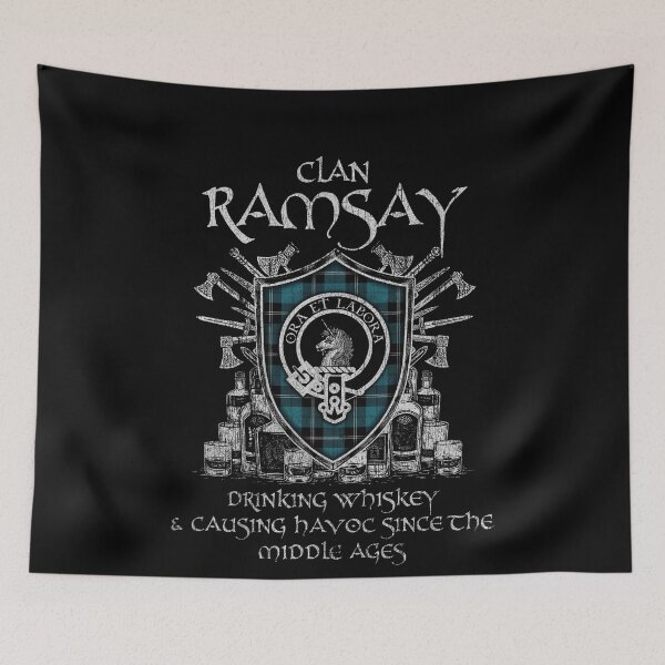 Item preview, Clan Ramsay Blue drinking whiskey and causing havoc heritage crest tartan plaid designed and sold by Clan1093.