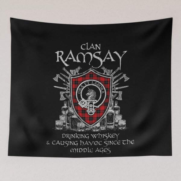 Item preview, Clan Ramsay of Dalhousie drinking whiskey and causing havoc heritage crest tartan plaid designed and sold by Clan1093.