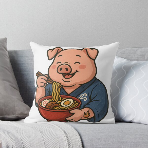 Aperçu de l'œuvre Cochon de dessin animé heureux dégustant un bol de nouilles ramen créée et vendue par ImagineCorner.