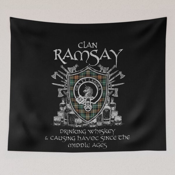 Item preview, Clan Ramsay Orange drinking whiskey and causing havoc heritage crest tartan plaid designed and sold by Clan1093.