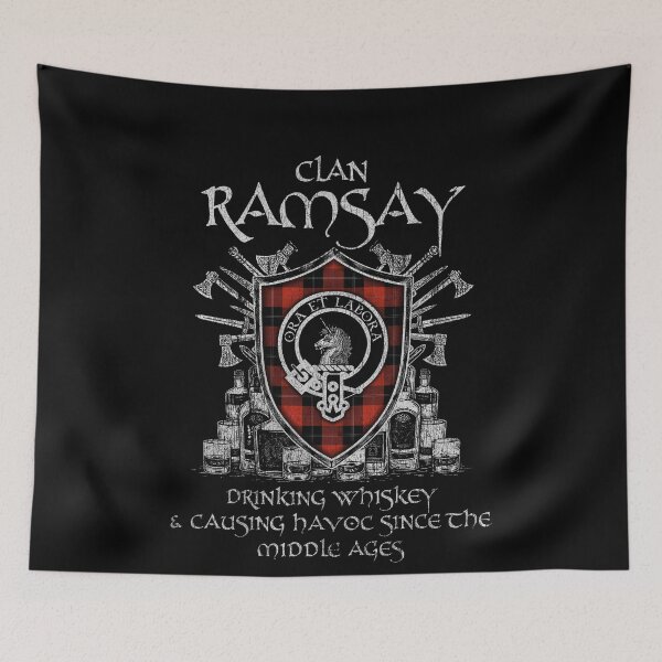 Item preview, Clan Ramsay Red drinking whiskey and causing havoc heritage crest tartan plaid designed and sold by Clan1093.