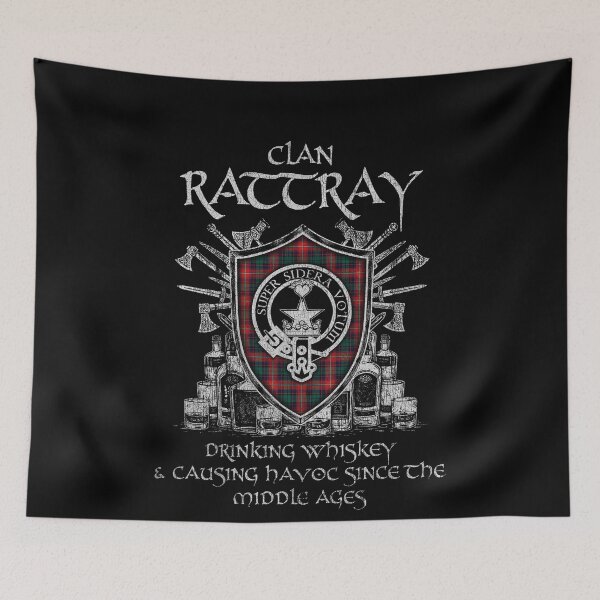 Item preview, Clan Rattray of Lude drinking whiskey and causing havoc heritage crest tartan plaid designed and sold by Clan1093.