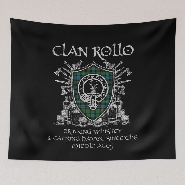 Item preview, Clan Rollo drinking whiskey and causing havoc heritage crest tartan plaid designed and sold by Clan1093.