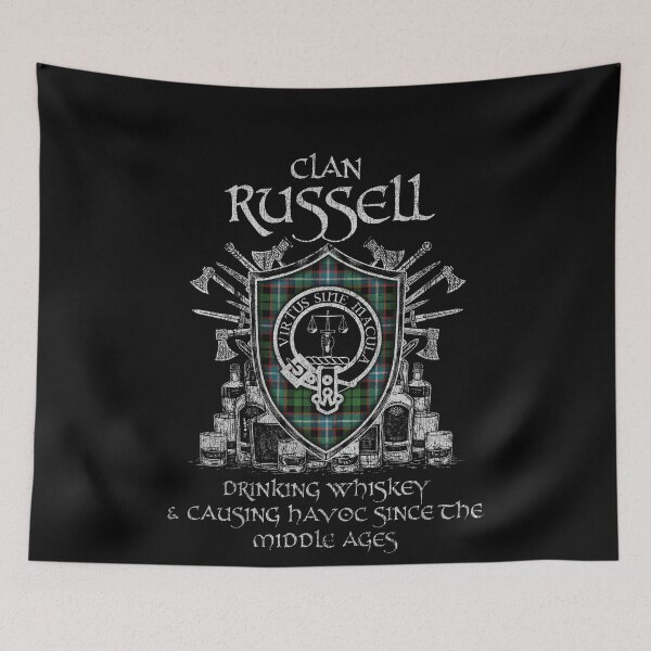 Item preview, Clan Russell 2 drinking whiskey and causing havoc heritage crest tartan plaid designed and sold by Clan1093.