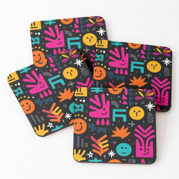 Item preview, Rhythmic Tropics – Colorful Abstract Faces and Symbols on Black designed and sold by Moisky Patterns.