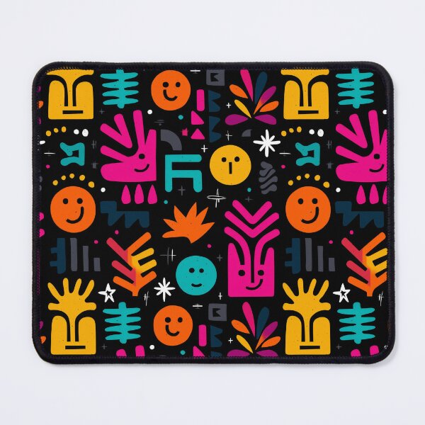 Item preview, Rhythmic Tropics – Colorful Abstract Faces and Symbols on Black designed and sold by Moisky Patterns.
